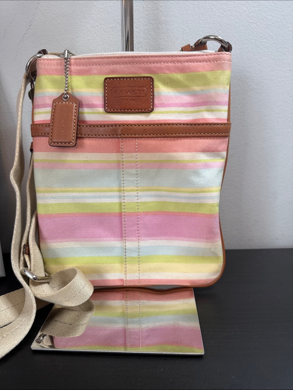 Coach Pink, Yellow & Cream Striped Crossbody Bag